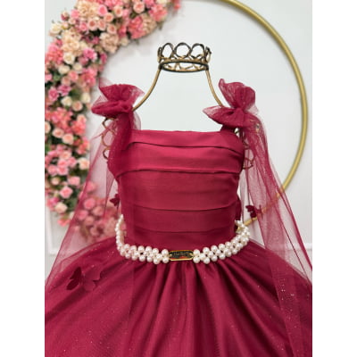 Vestido Infantil Longo Marsala C/ Aplique de Borboletas Festas