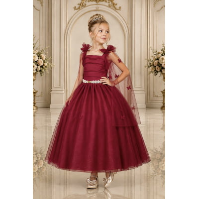 Vestido Infantil Longo Marsala C/ Aplique de Borboletas Festas