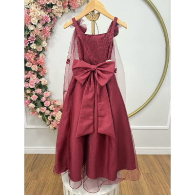 Vestido Infantil Longo Marsala C/ Aplique de Borboletas Festas