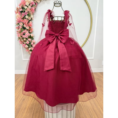 Vestido Infantil Longo Marsala C/ Aplique de Borboletas Festas