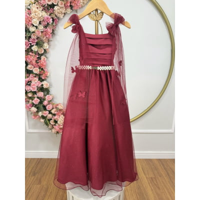 Vestido Infantil Longo Marsala C/ Aplique de Borboletas Festas