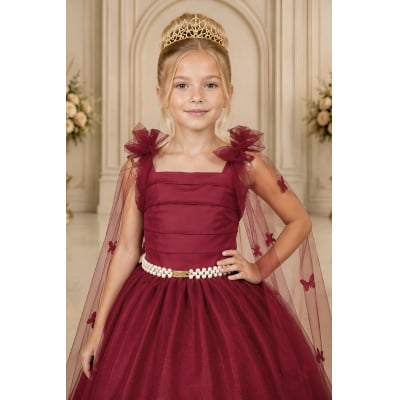 Vestido Infantil Longo Marsala C/ Aplique de Borboletas Festas