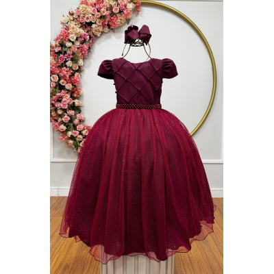 Vestido Infantil Longo Marsala Glitter Busto Nervura Festa Daminha