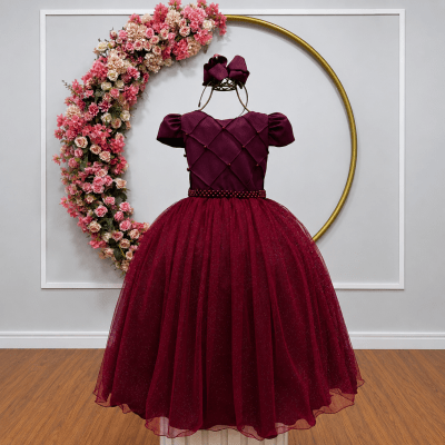 Vestido Infantil Longo Marsala Glitter Busto Nervura Festa Daminha