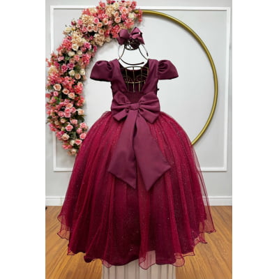 Vestido Infantil Longo Marsala Glitter Busto Nervura Festa Daminha