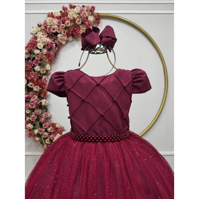 Vestido Infantil Longo Marsala Glitter Busto Nervura Festa Daminha