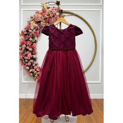 Vestido Infantil Longo Marsala Glitter Busto Nervura Festa Daminha