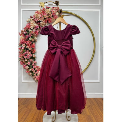 Vestido Infantil Longo Marsala Glitter Busto Nervura Festa Daminha