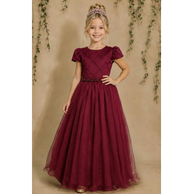 Vestido Infantil Longo Marsala Glitter Busto Nervura Festa Daminha