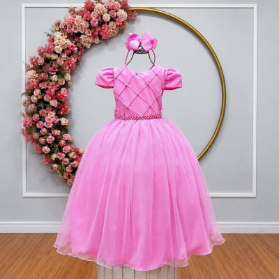 Vestido Infantil Longo Rosa Chiclete Glitter Busto Nervura Festa Daminha