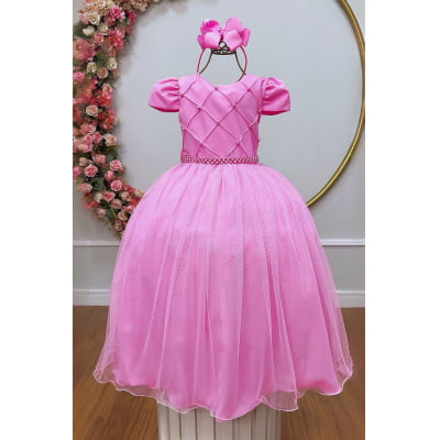 Vestido Infantil Longo Rosa Chiclete Glitter Busto Nervura Festa Daminha