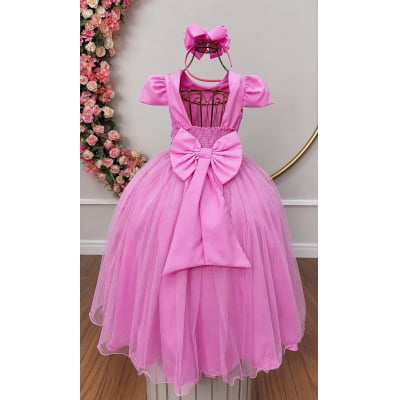 Vestido Infantil Longo Rosa Chiclete Glitter Busto Nervura Festa Daminha