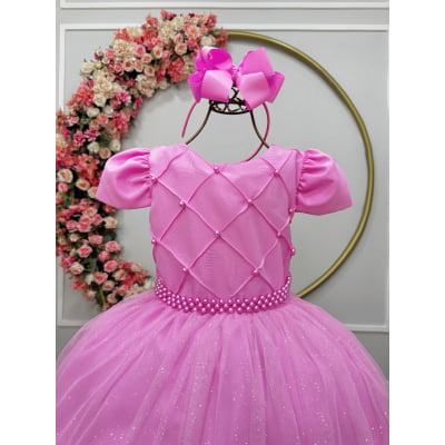 Vestido Infantil Longo Rosa Chiclete Glitter Busto Nervura Festa Daminha