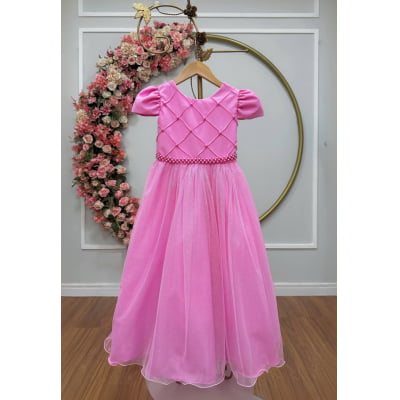 Vestido Infantil Longo Rosa Chiclete Glitter Busto Nervura Festa Daminha