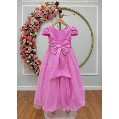 Vestido Infantil Longo Rosa Chiclete Glitter Busto Nervura Festa Daminha