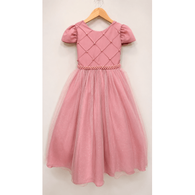 Vestido Infantil Longo Rose Glitter Busto Nervura Festa Daminha