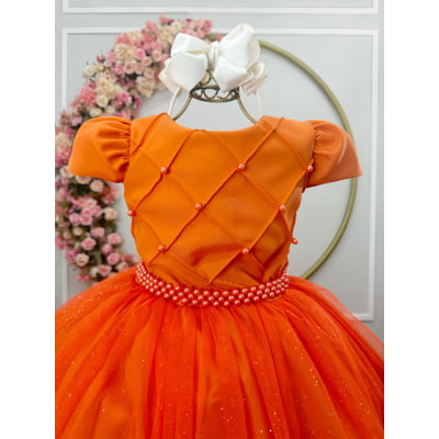 Vestido Infantil Longo Terracota Tule Glitter Busto Nervura Festa Daminha