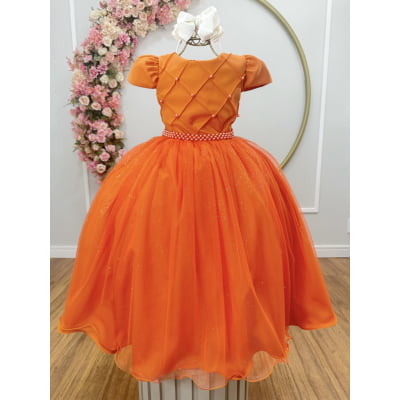 Vestido Infantil Longo Terracota Tule Glitter Busto Nervura Festa Daminha