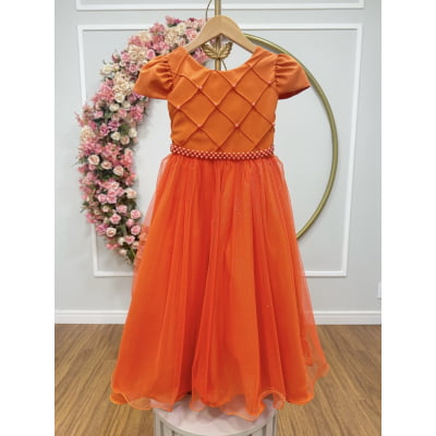 Vestido Infantil Longo Terracota Tule Glitter Busto Nervura Festa Daminha