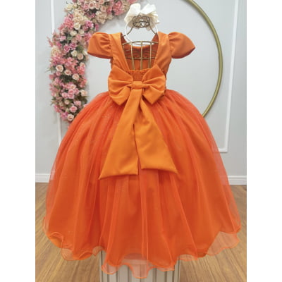 Vestido Infantil Longo Terracota Tule Glitter Busto Nervura Festa Daminha