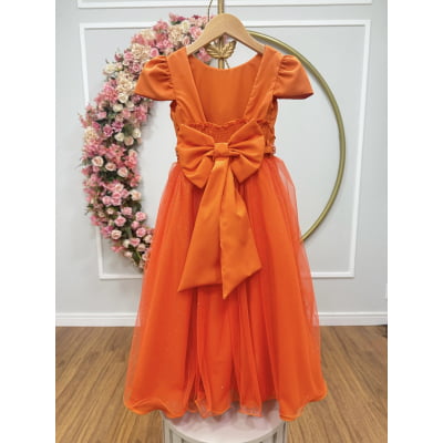 Vestido Infantil Longo Terracota Tule Glitter Busto Nervura Festa Daminha