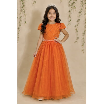 Vestido Infantil Longo Terracota Tule Glitter Busto Nervura Festa Daminha