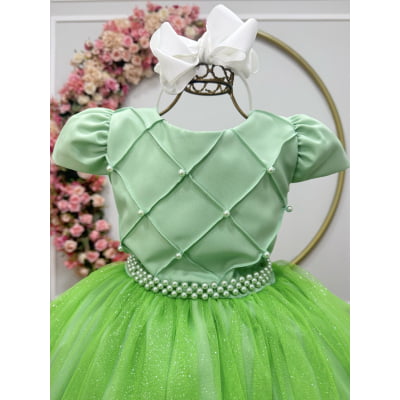 Vestido Infantil Longo Verde Tule Glitter Busto Nervura Festa Daminha