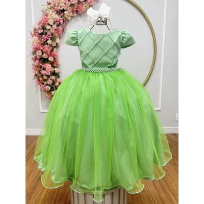 Vestido Infantil Longo Verde Tule Glitter Busto Nervura Festa Daminha