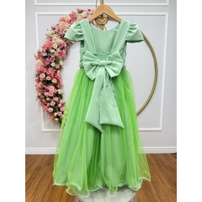Vestido Infantil Longo Verde Tule Glitter Busto Nervura Festa Daminha