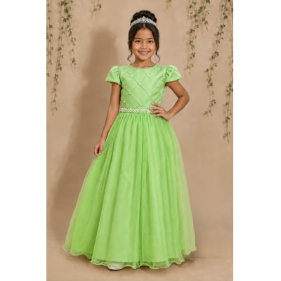 Vestido Infantil Longo Verde Tule Glitter Busto Nervura Festa Daminha