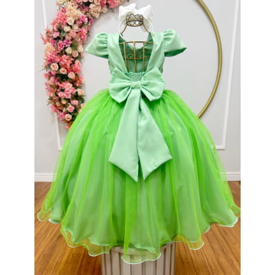 Vestido Infantil Longo Verde Tule Glitter Busto Nervura Festa Daminha