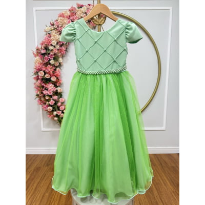 Vestido Infantil Longo Verde Tule Glitter Busto Nervura Festa Daminha
