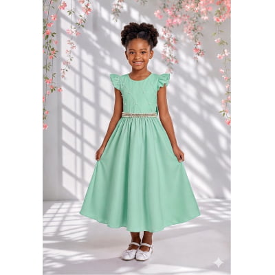 Vestido Longo Daminhas, Infantil Verde Menta em Poliéster, Nervura com Pérolas Cinto Luxo