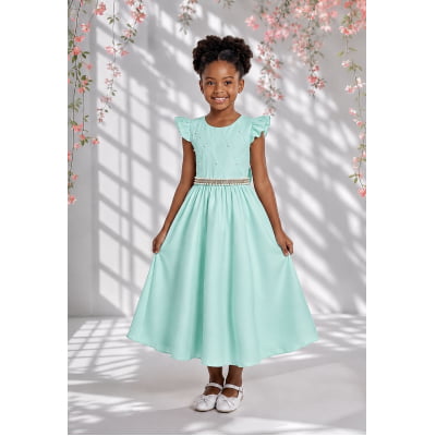 Vestido Longo Daminhas, Infantil Verde Menta em Poliéster, Nervura com Pérolas Cinto Luxo
