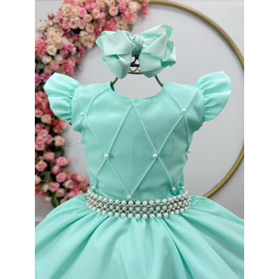 Vestido Longo Daminhas, Infantil Verde Menta em Poliéster, Nervura com Pérolas Cinto Luxo