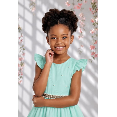 Vestido Longo Daminhas, Infantil Verde Menta em Poliéster, Nervura com Pérolas Cinto Luxo