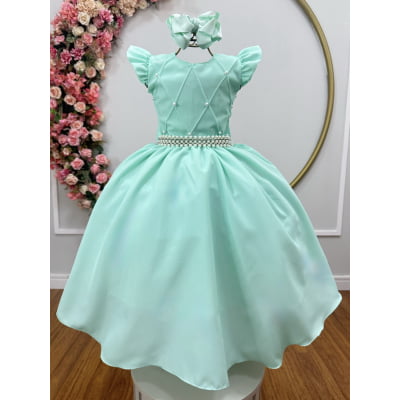 Vestido Longo Daminhas, Infantil Verde Menta em Poliéster, Nervura com Pérolas Cinto Luxo