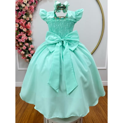 Vestido Longo Daminhas, Infantil Verde Menta em Poliéster, Nervura com Pérolas Cinto Luxo