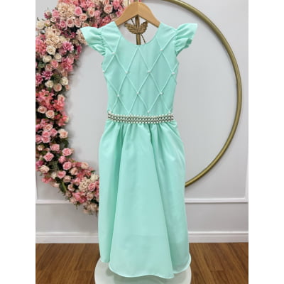 Vestido Longo Daminhas, Infantil Verde Menta em Poliéster, Nervura com Pérolas Cinto Luxo