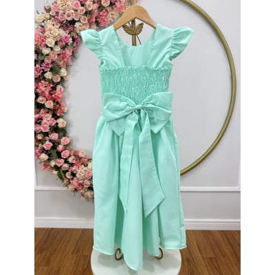 Vestido Longo Daminhas, Infantil Verde Menta em Poliéster, Nervura com Pérolas Cinto Luxo