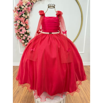 Vestido Infantil Longo Vermelho C/ Aplique de Borboletas Festas