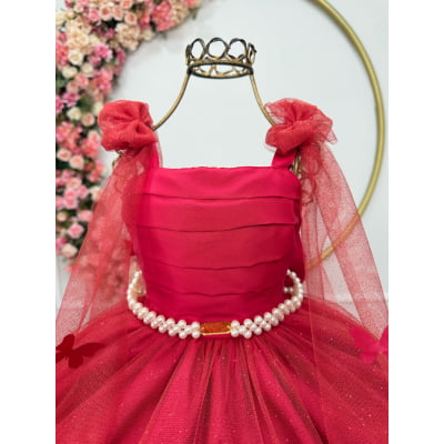Vestido Infantil Longo Vermelho C/ Aplique de Borboletas Festas