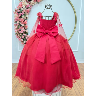 Vestido Infantil Longo Vermelho C/ Aplique de Borboletas Festas