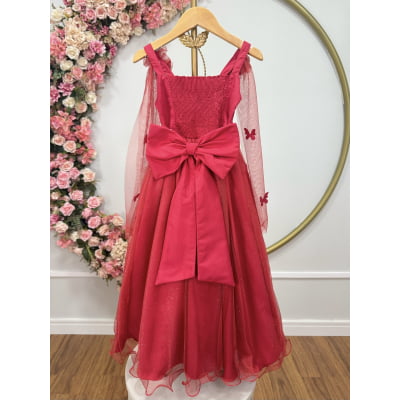 Vestido Infantil Longo Vermelho C/ Aplique de Borboletas Festas