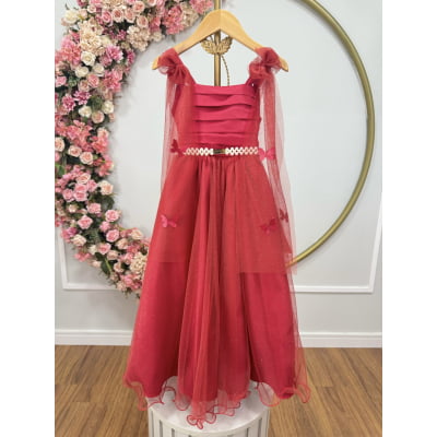 Vestido Infantil Longo Vermelho C/ Aplique de Borboletas Festas