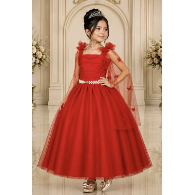Vestido Infantil Longo Vermelho C/ Aplique de Borboletas Festas