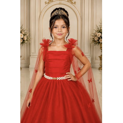 Vestido Infantil Longo Vermelho C/ Aplique de Borboletas Festas
