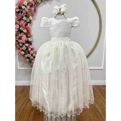 Vestido Infantil Marfim Longo de Princesa Brilhante e Mangas