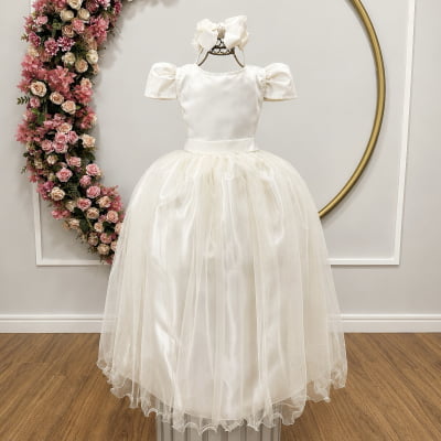 Vestido Infantil Marfim Longo de Princesa Brilhante e Mangas