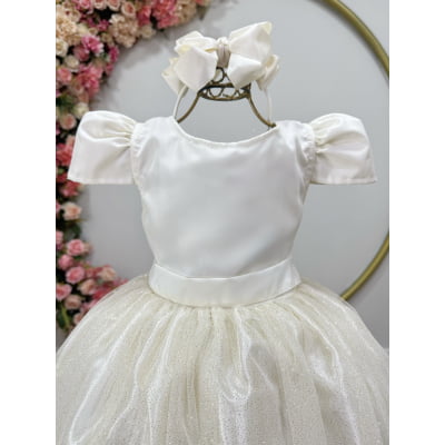 Vestido Infantil Marfim Longo de Princesa Brilhante e Mangas